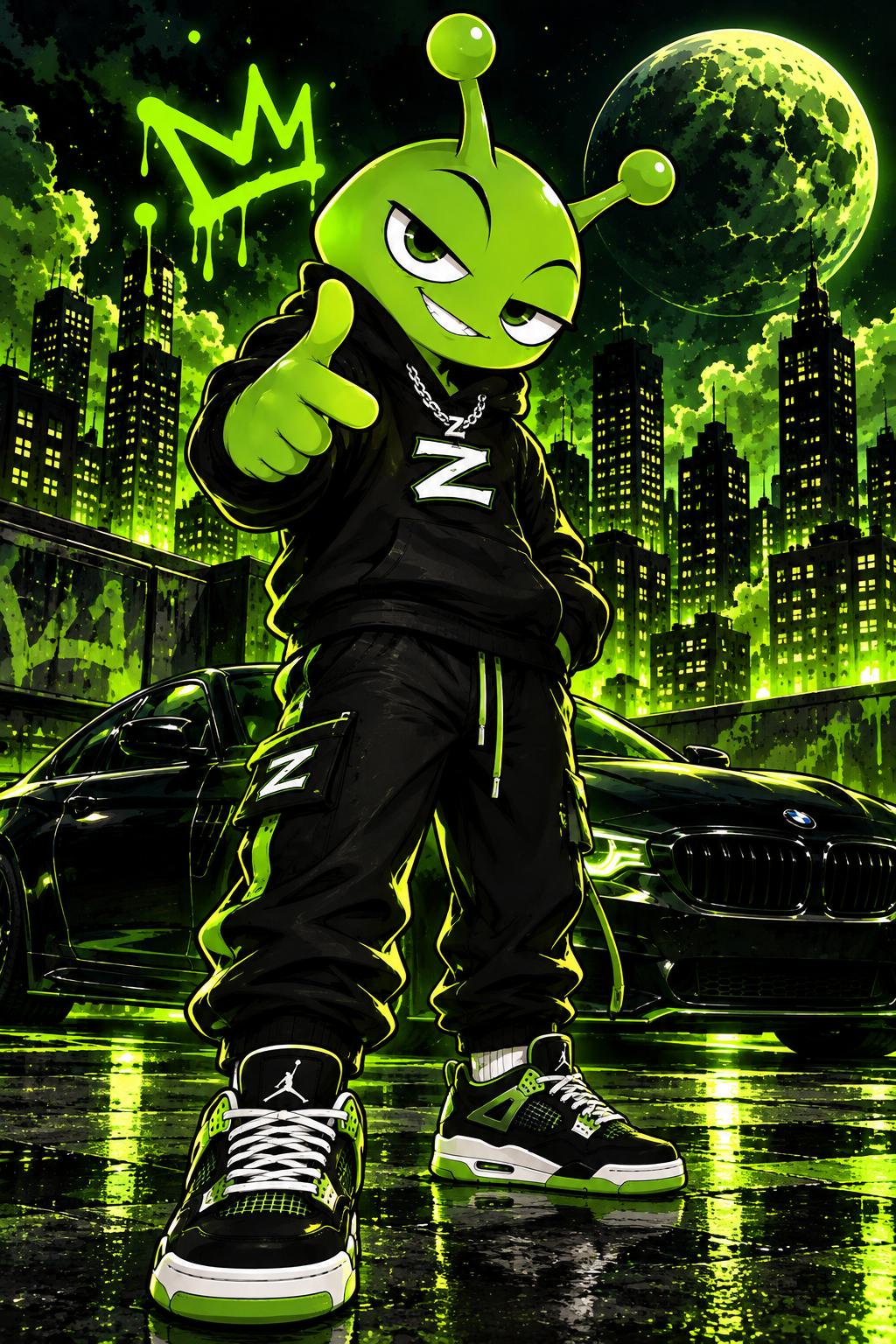 Zorbo, a green alien in a black hoodie